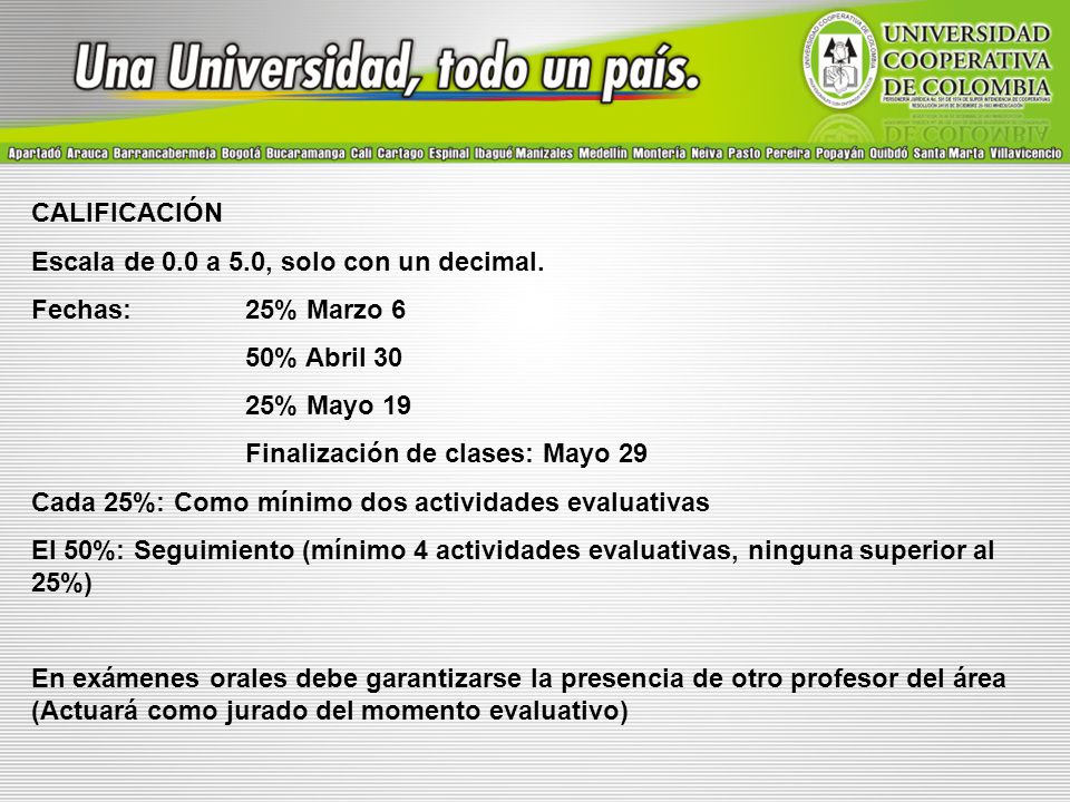 CALIFICACIÓN Escala de 0.0 a 5.0, solo con un decimal. Fechas: 25% Marzo 6. 50% Abril % Mayo 19.