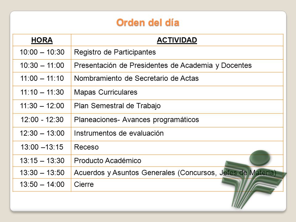Orden del día HORA ACTIVIDAD 10:00 – 10:30 Registro de Participantes