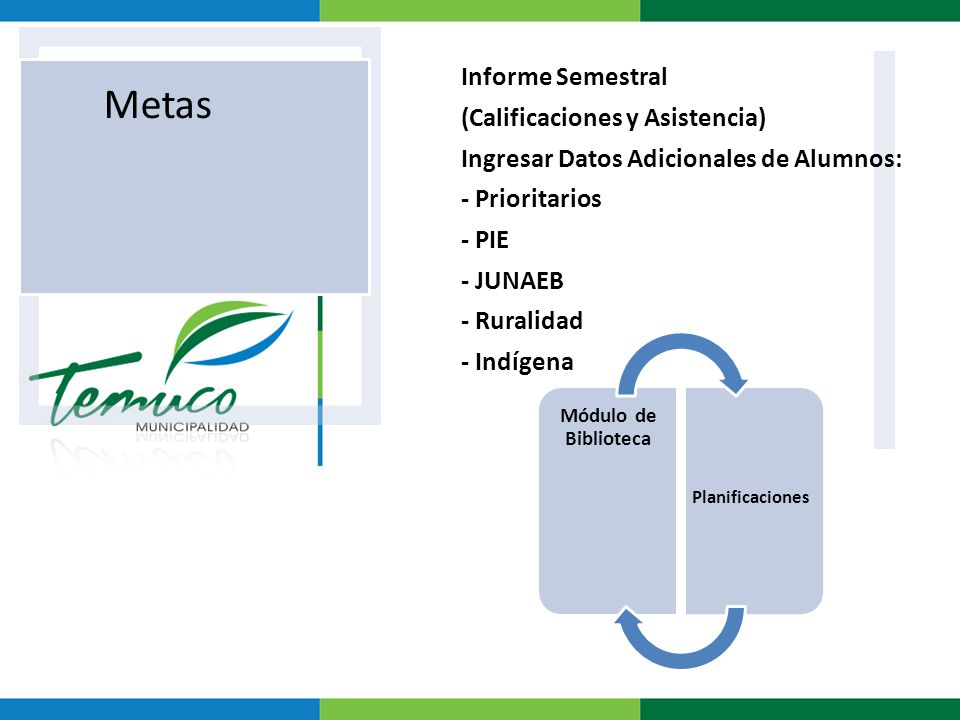 Metas Informe Semestral (Calificaciones y Asistencia) Ingresar Datos Adicionales de Alumnos: - Prioritarios - PIE - JUNAEB - Ruralidad - Indígena.