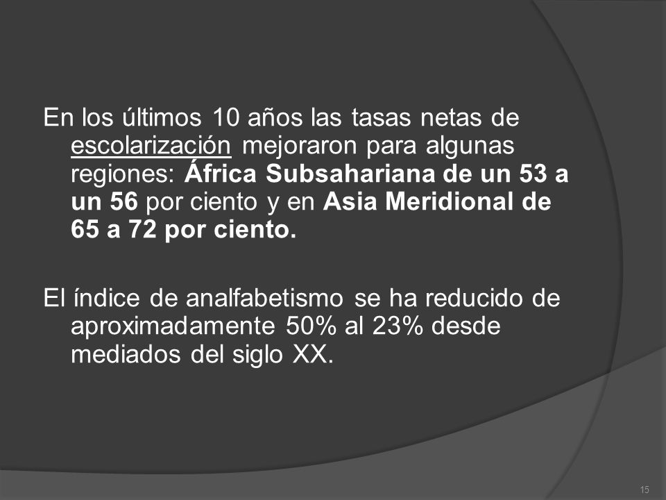 En los últimos 10 años las tasas netas de escolarización mejoraron para algunas regiones: África Subsahariana de un 53 a un 56 por ciento y en Asia Meridional de 65 a 72 por ciento.