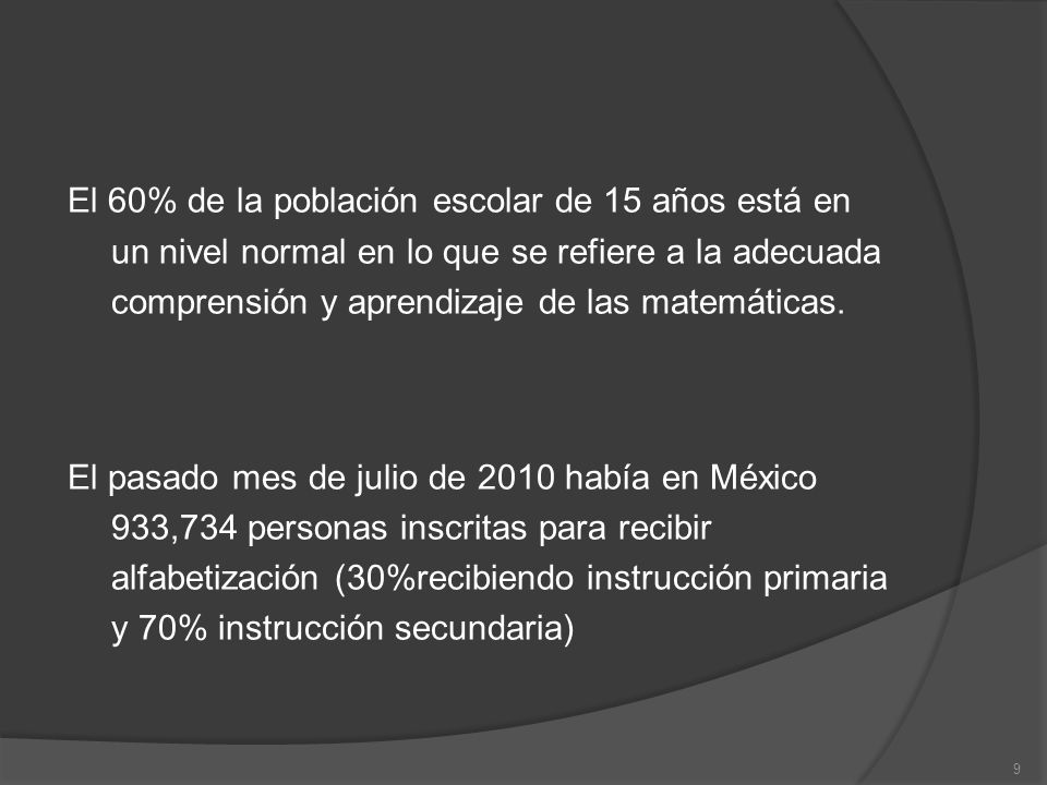 El 60% de la población escolar de 15 años está en un nivel normal en lo que se refiere a la adecuada comprensión y aprendizaje de las matemáticas.