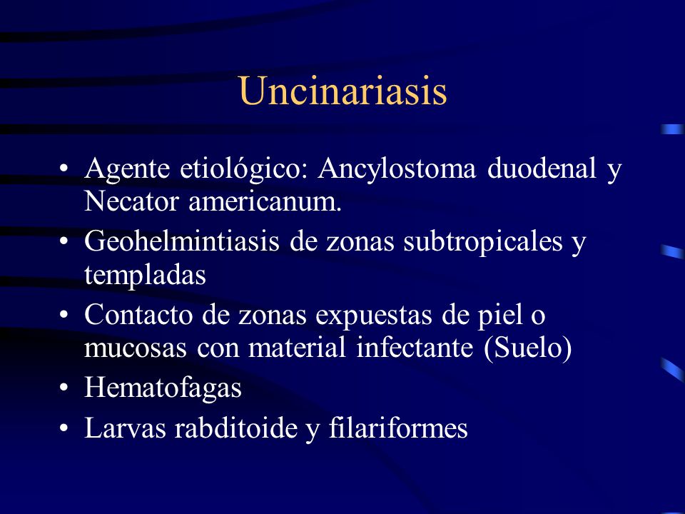 Uncinariasis Agente etiológico: Ancylostoma duodenal y Necator americanum. Geohelmintiasis de zonas subtropicales y templadas.