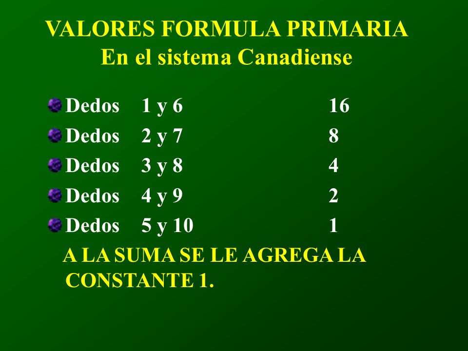 VALORES FORMULA PRIMARIA En el sistema Canadiense