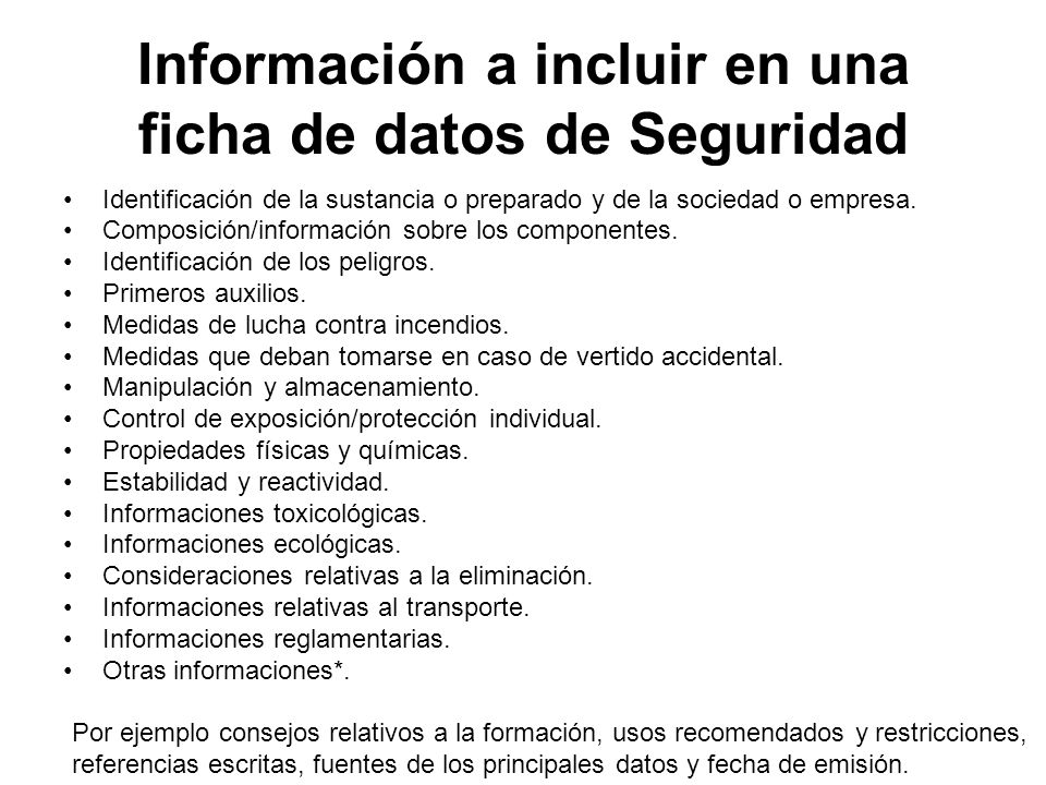 Información a incluir en una ficha de datos de Seguridad