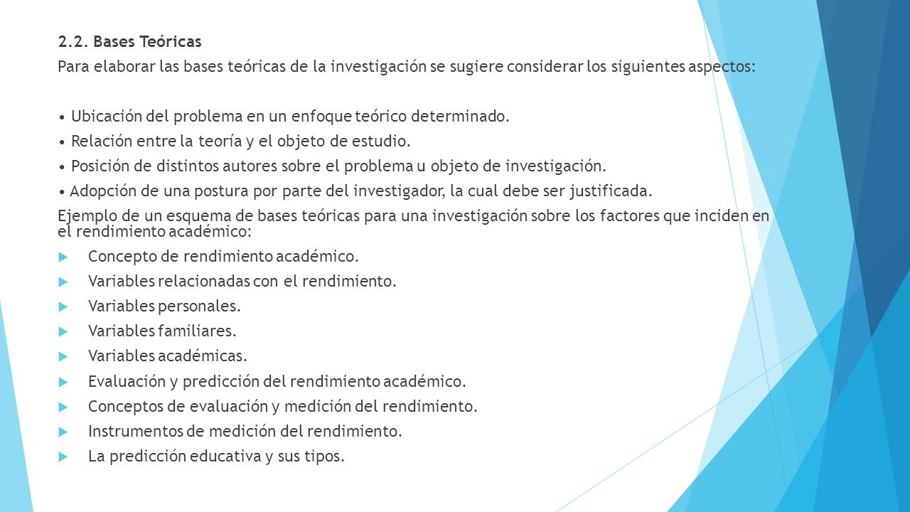 2.2. Bases Teóricas Para elaborar las bases teóricas de la investigación se sugiere considerar los siguientes aspectos: