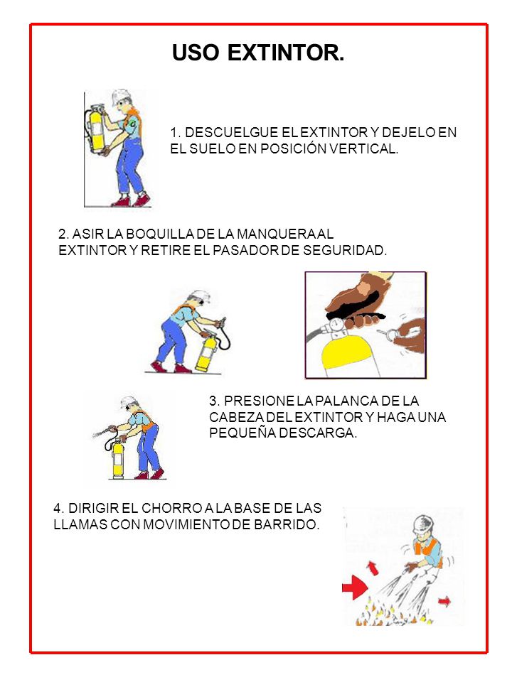 USO EXTINTOR. 1. DESCUELGUE EL EXTINTOR Y DEJELO EN EL SUELO EN POSICIÓN VERTICAL.