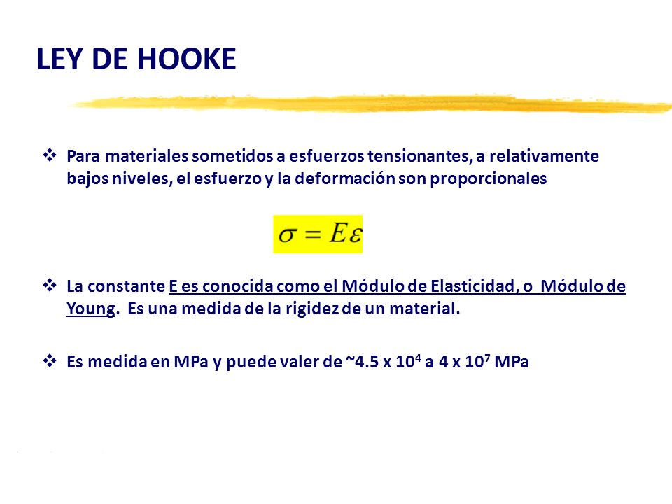 LEY DE HOOKE Para materiales sometidos a esfuerzos tensionantes, a relativamente bajos niveles, el esfuerzo y la deformación son proporcionales.