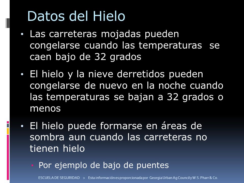 Datos del Hielo Las carreteras mojadas pueden congelarse cuando las temperaturas se caen bajo de 32 grados.