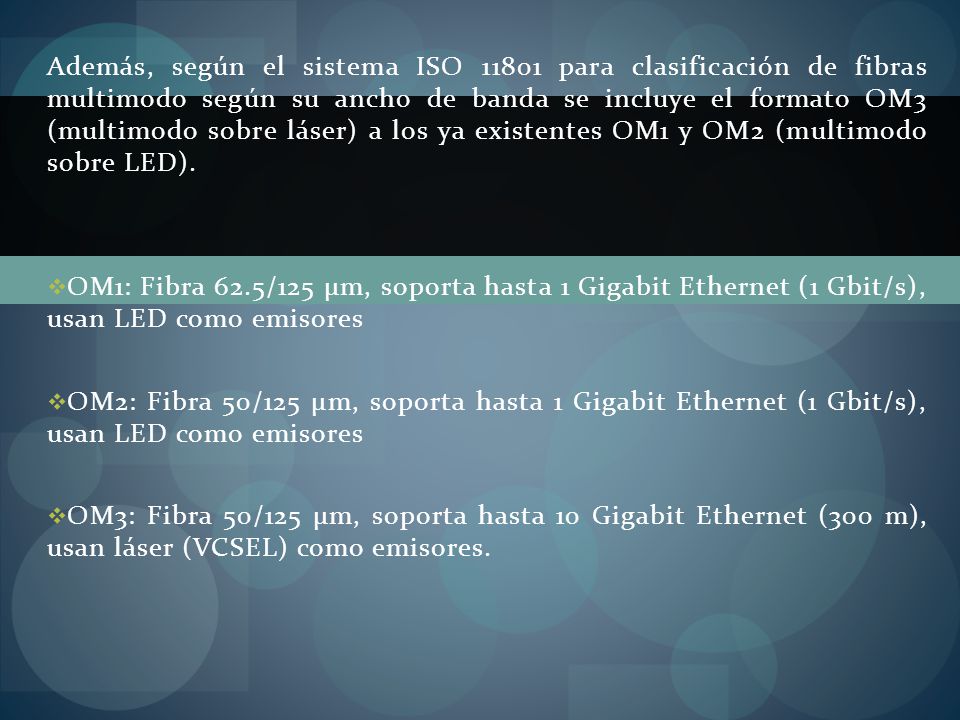 Además, según el sistema ISO para clasificación de fibras multimodo según su ancho de banda se incluye el formato OM3 (multimodo sobre láser) a los ya existentes OM1 y OM2 (multimodo sobre LED).