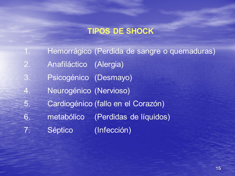 TIPOS DE SHOCK 1. Hemorrágico (Perdida de sangre o quemaduras) 2. Anafiláctico (Alergia) 3. Psicogénico (Desmayo)