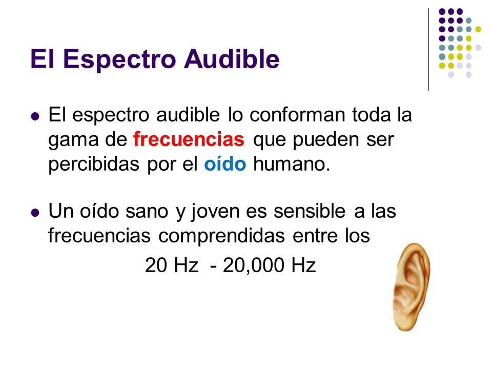El Espectro Audible El espectro audible lo conforman toda la gama de frecuencias que pueden ser percibidas por el oído humano.
