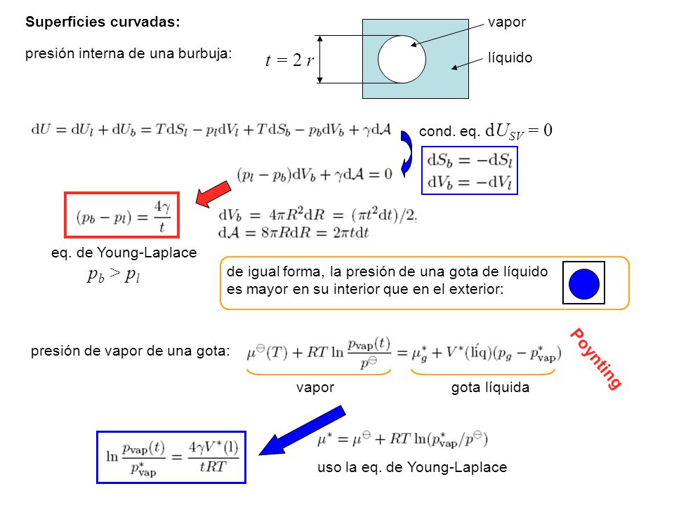 t = 2 r pb > pl Poynting Superficies curvadas: vapor líquido