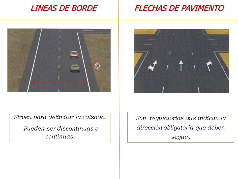 LINEAS DE BORDE FLECHAS DE PAVIMENTO Sirven para delimitar la calzada.