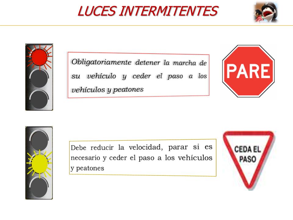 LUCES INTERMITENTES Obligatoriamente detener la marcha de su vehículo y ceder el paso a los vehículos y peatones.
