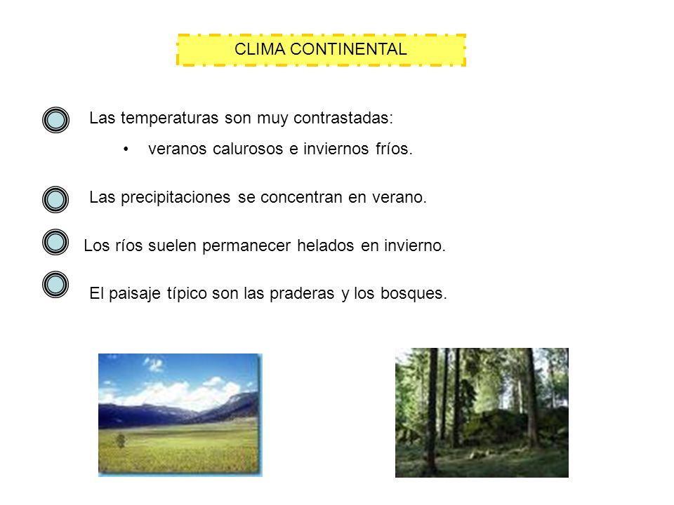 CLIMA CONTINENTAL Las temperaturas son muy contrastadas: veranos calurosos e inviernos fríos. Las precipitaciones se concentran en verano.