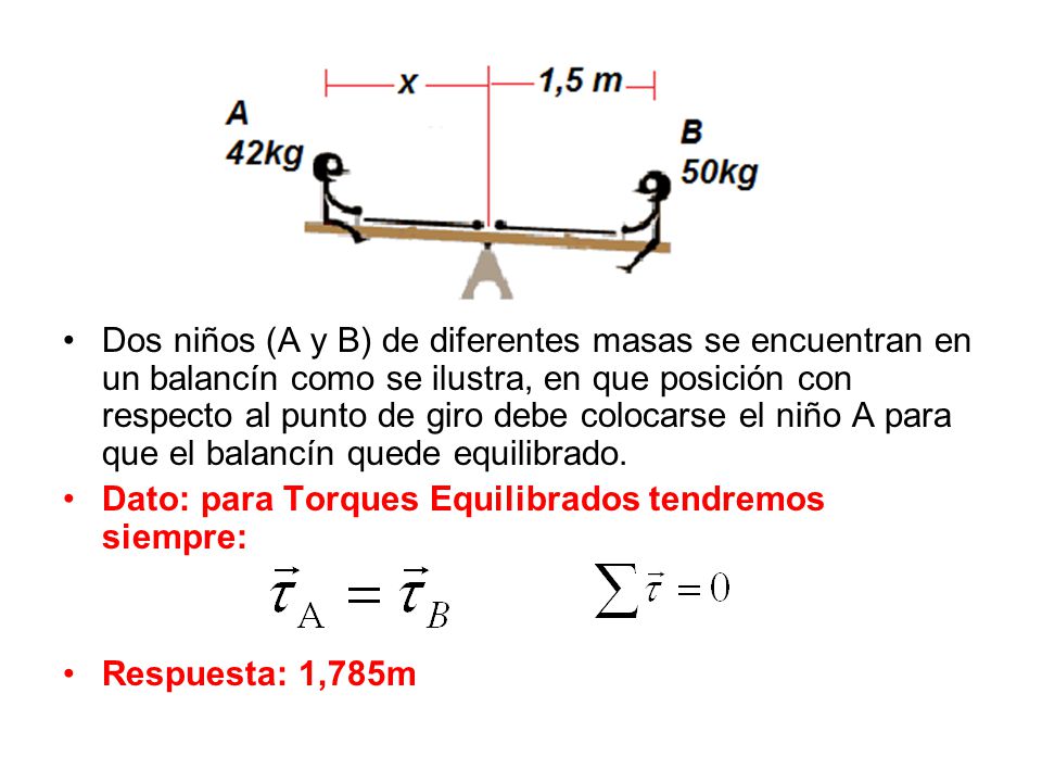 Dos niños (A y B) de diferentes masas se encuentran en un balancín como se ilustra, en que posición con respecto al punto de giro debe colocarse el niño A para que el balancín quede equilibrado.