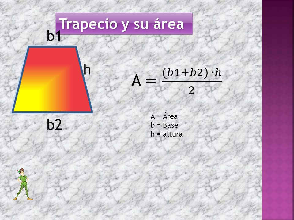 Trapecio y su área b1 h A = 𝑏1+𝑏2 ∙ℎ 2 A = Área b = Base h = altura b2