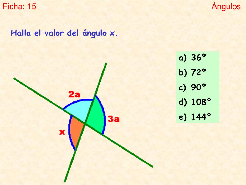 Ficha: 15 Ángulos Halla el valor del ángulo x. 36º 72º 90º 108º 144º