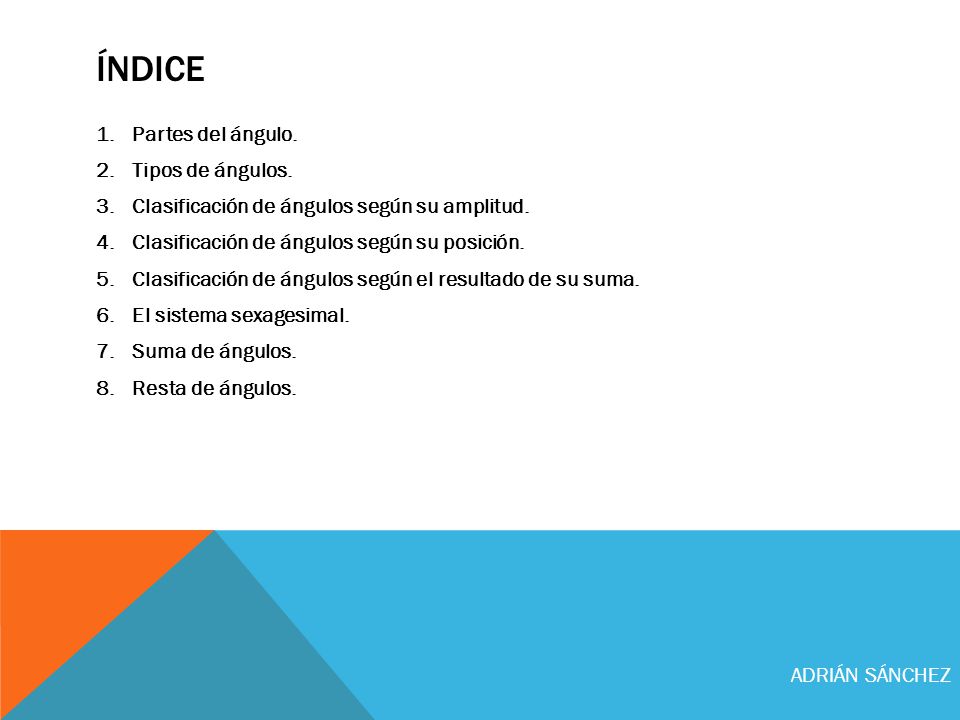 ÍNDICE Partes del ángulo. Tipos de ángulos.