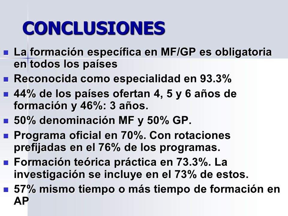 CONCLUSIONES La formación específica en MF/GP es obligatoria en todos los países. Reconocida como especialidad en 93.3%