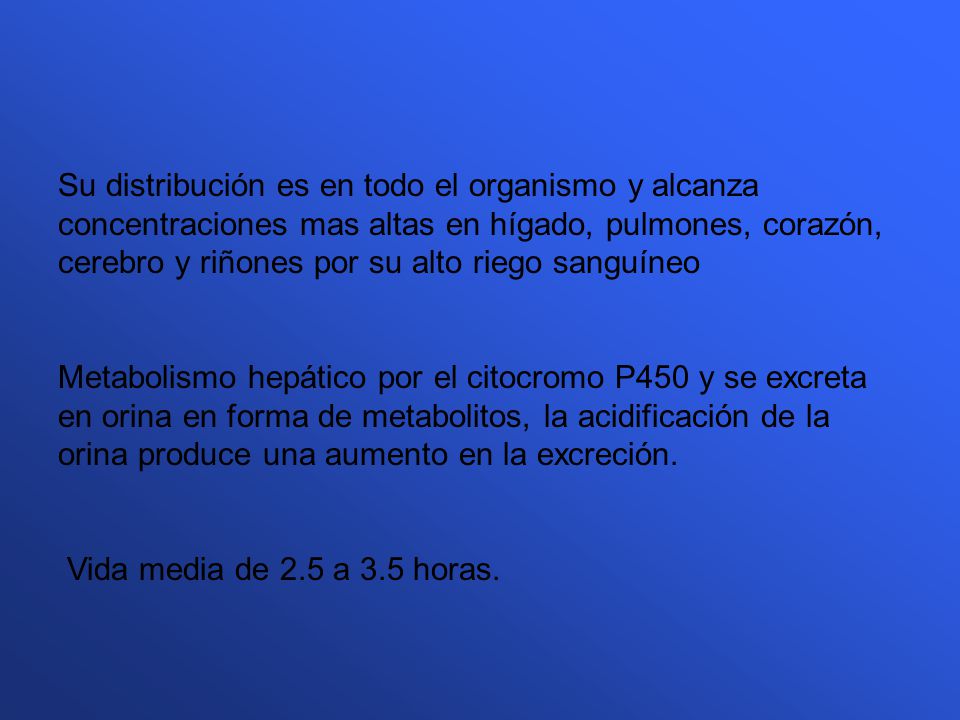 Su distribución es en todo el organismo y alcanza concentraciones mas altas en hígado, pulmones, corazón, cerebro y riñones por su alto riego sanguíneo