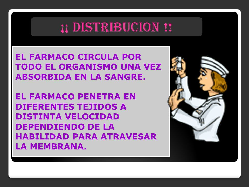 ¡¡ DISTRIBUCION !! EL FARMACO CIRCULA POR TODO EL ORGANISMO UNA VEZ ABSORBIDA EN LA SANGRE.