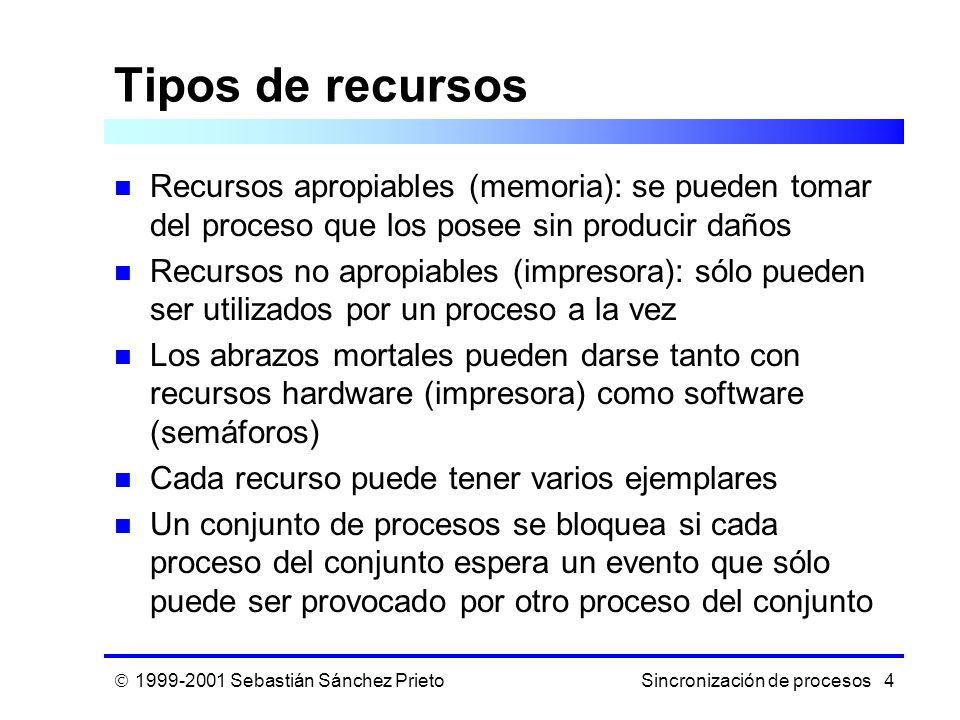 Tipos de recursos Recursos apropiables (memoria): se pueden tomar del proceso que los posee sin producir daños.
