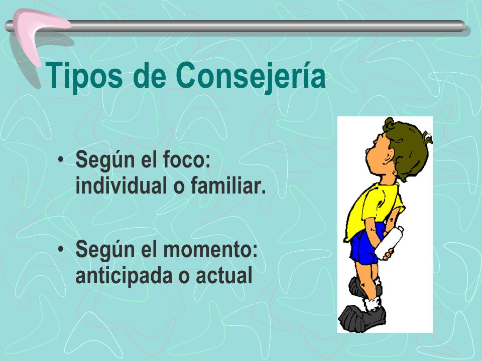 Tipos de Consejería Según el foco: individual o familiar.