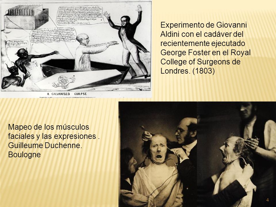 Experimento de Giovanni Aldini con el cadáver del recientemente ejecutado George Foster en el Royal College of Surgeons de Londres. (1803)