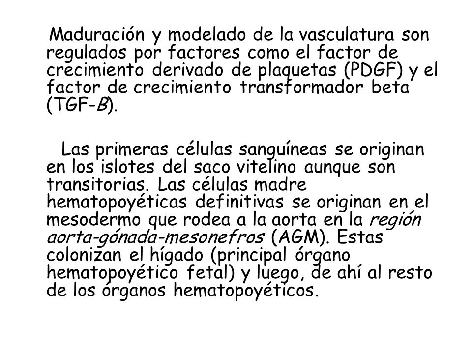 Maduración y modelado de la vasculatura son regulados por factores como el factor de crecimiento derivado de plaquetas (PDGF) y el factor de crecimiento transformador beta (TGF-B).