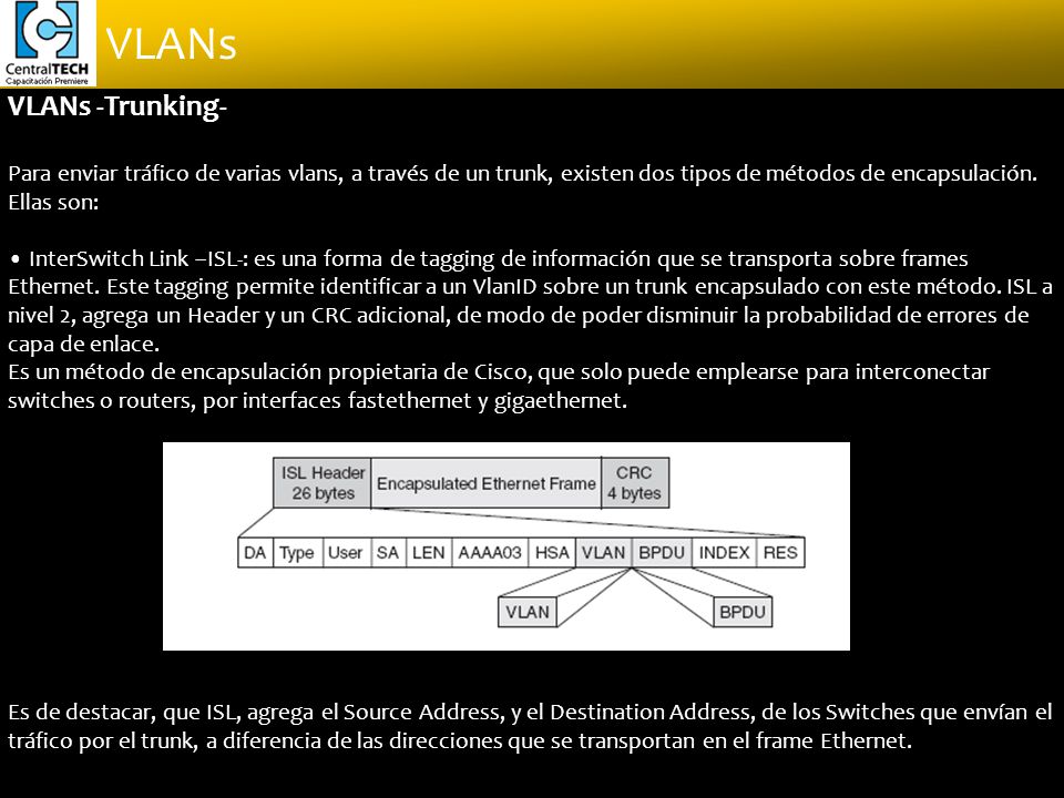 VLANs -Trunking- Para enviar tráfico de varias vlans, a través de un trunk, existen dos tipos de métodos de encapsulación. Ellas son:
