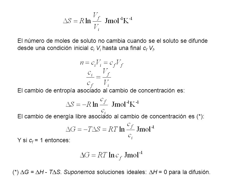 El número de moles de soluto no cambia cuando se el soluto se difunde desde una condición inicial ci Vi hasta una final cf Vf.