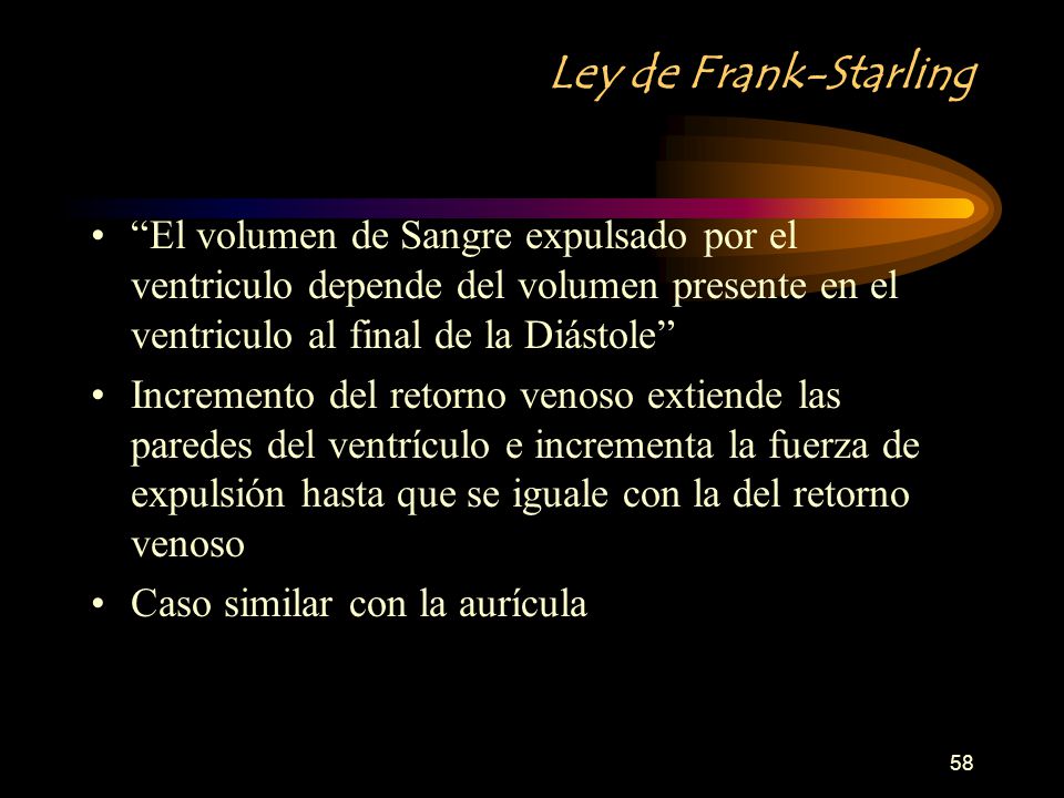 Ley de Frank-Starling El volumen de Sangre expulsado por el ventriculo depende del volumen presente en el ventriculo al final de la Diástole