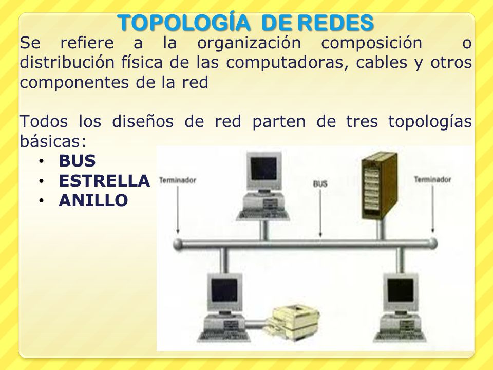TOPOLOGÍA DE REDES Se refiere a la organización composición o distribución física de las computadoras, cables y otros componentes de la red.