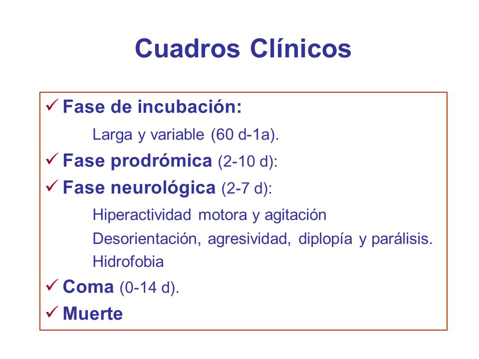 Cuadros Clínicos Fase de incubación: Larga y variable (60 d-1a).