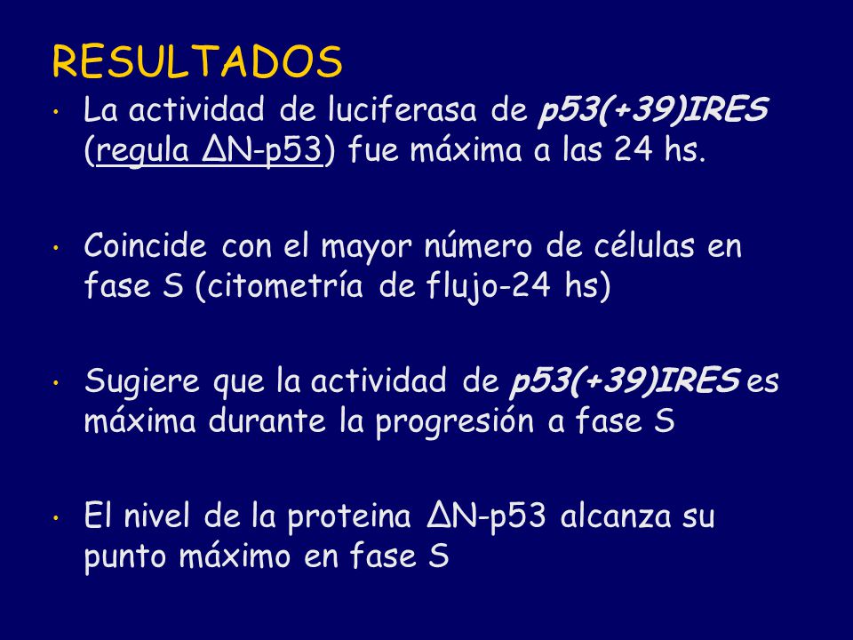 RESULTADOS La actividad de luciferasa de p53(+39)IRES (regula ΔN-p53) fue máxima a las 24 hs.