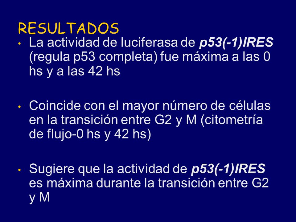 RESULTADOS La actividad de luciferasa de p53(-1)IRES (regula p53 completa) fue máxima a las 0 hs y a las 42 hs.