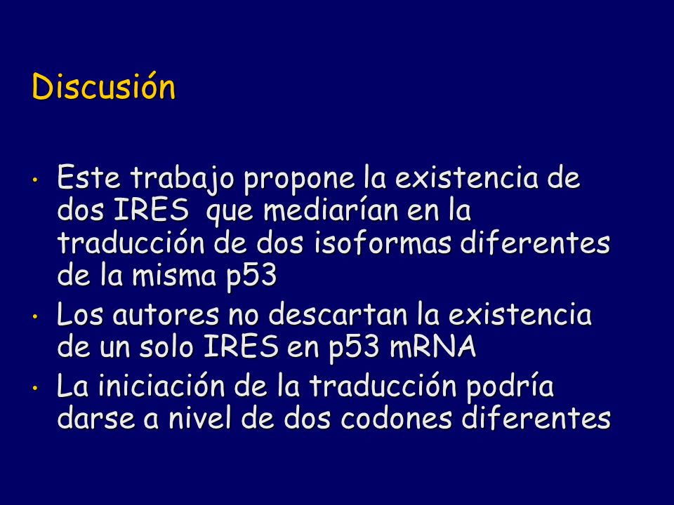 Discusión Este trabajo propone la existencia de dos IRES que mediarían en la traducción de dos isoformas diferentes de la misma p53.
