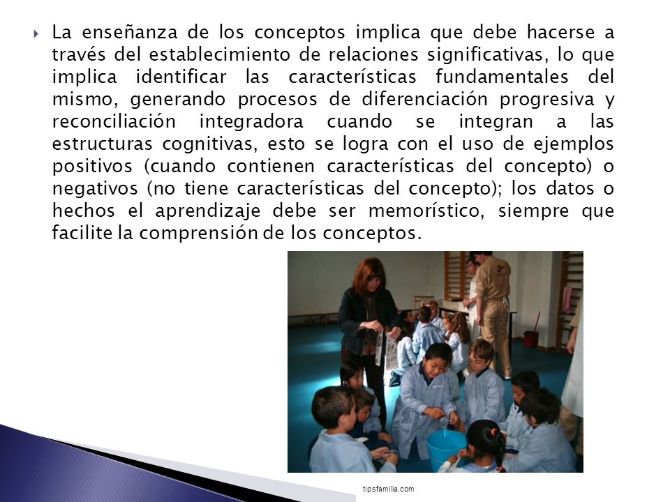 La enseñanza de los conceptos implica que debe hacerse a través del establecimiento de relaciones significativas, lo que implica identificar las características fundamentales del mismo, generando procesos de diferenciación progresiva y reconciliación integradora cuando se integran a las estructuras cognitivas, esto se logra con el uso de ejemplos positivos (cuando contienen características del concepto) o negativos (no tiene características del concepto); los datos o hechos el aprendizaje debe ser memorístico, siempre que facilite la comprensión de los conceptos.