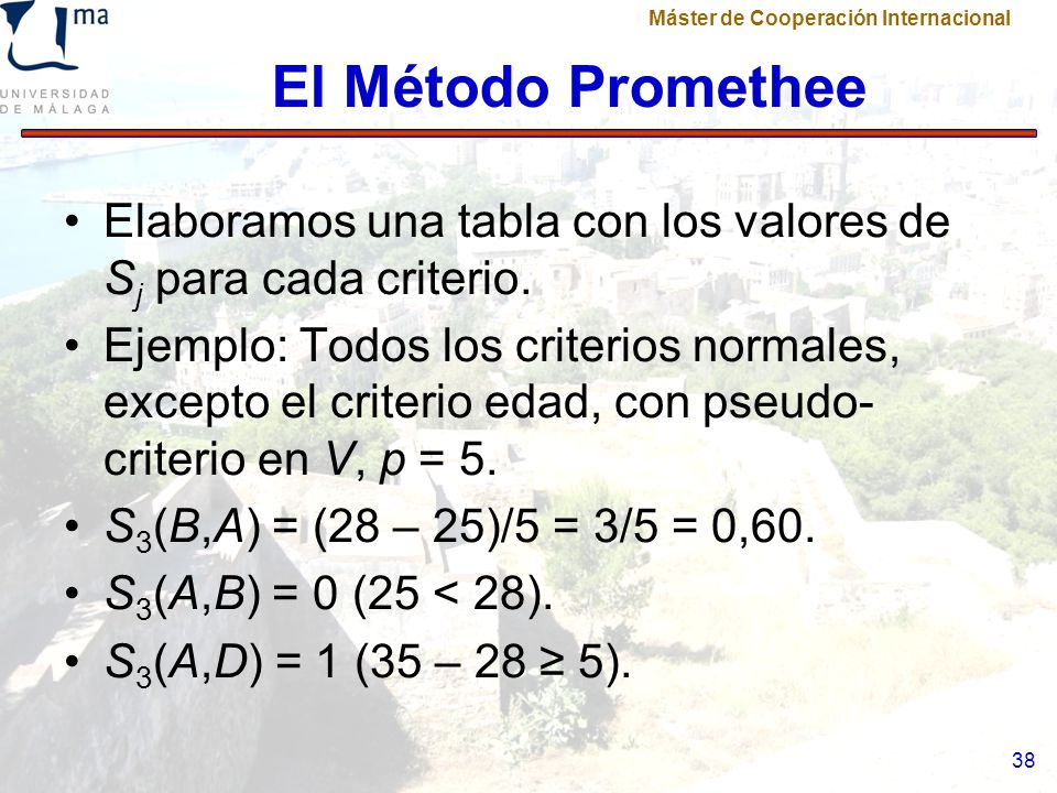 El Método Promethee Elaboramos una tabla con los valores de Sj para cada criterio.
