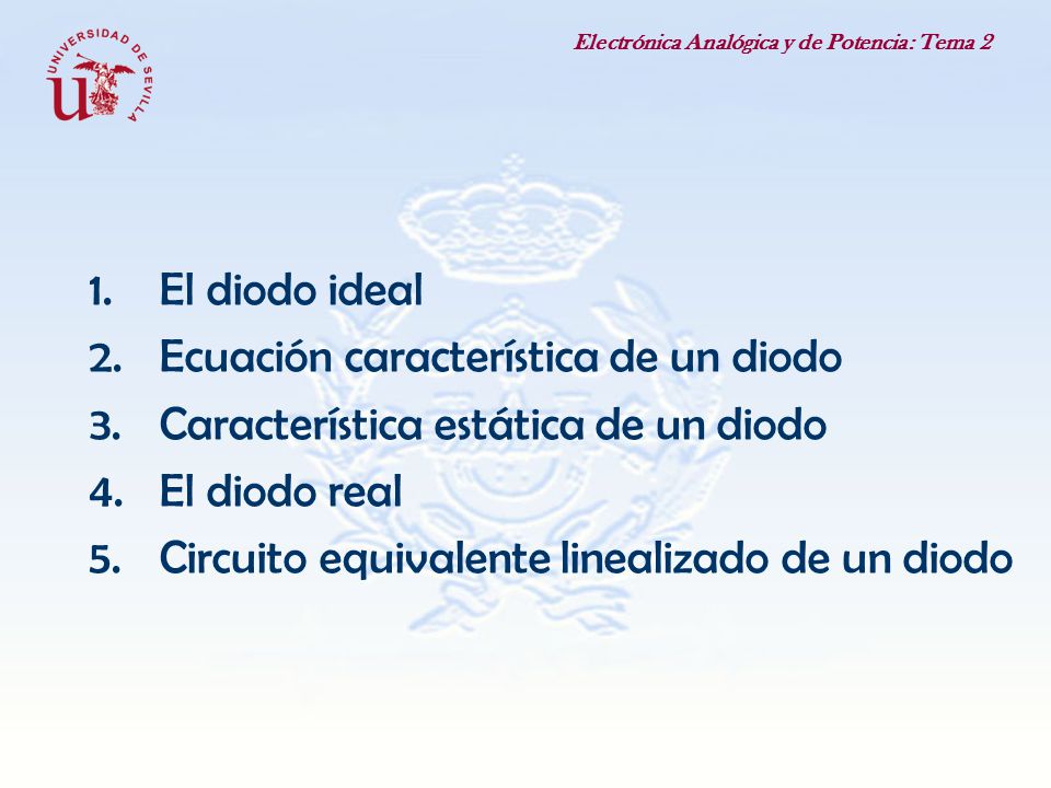 El diodo ideal Ecuación característica de un diodo. Característica estática de un diodo. El diodo real.