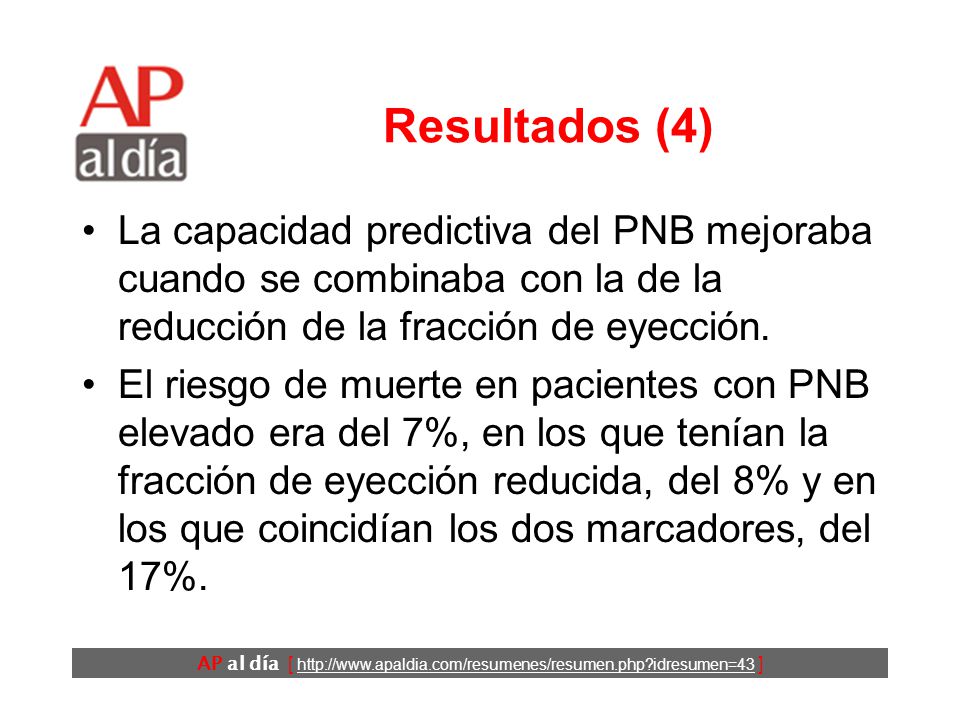 Resultados (4) La capacidad predictiva del PNB mejoraba cuando se combinaba con la de la reducción de la fracción de eyección.