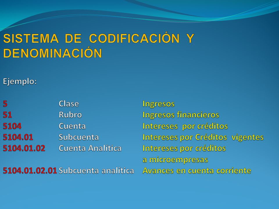 SISTEMA DE CODIFICACIÓN Y DENOMINACIÓN. Ejemplo: 5. Clase. Ingresos 51