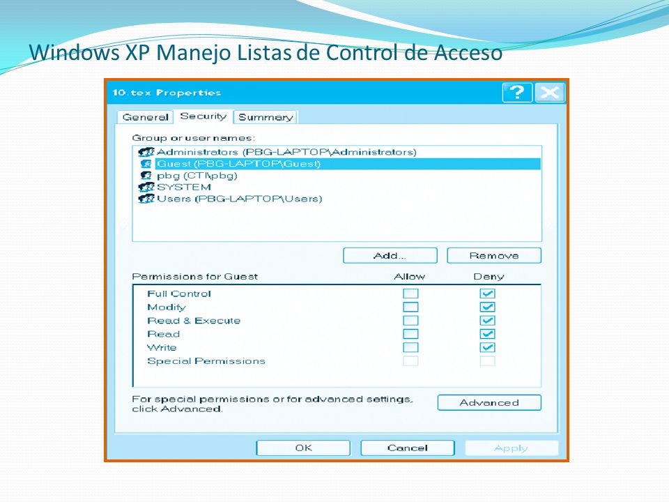 Windows XP Manejo Listas de Control de Acceso