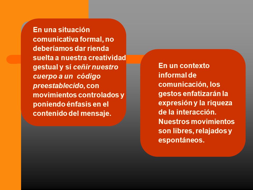 En una situación comunicativa formal, no deberíamos dar rienda suelta a nuestra creatividad gestual y sí ceñir nuestro cuerpo a un código preestablecido, con movimientos controlados y poniendo énfasis en el contenido del mensaje.
