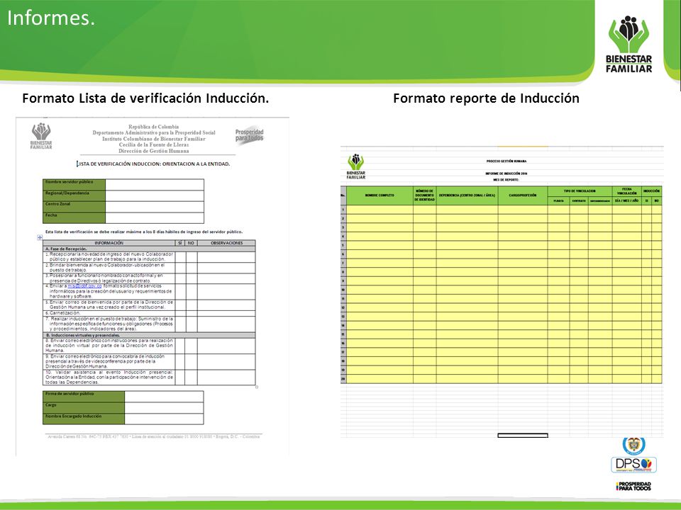 Informes. Formato Lista de verificación Inducción. Formato reporte de Inducción