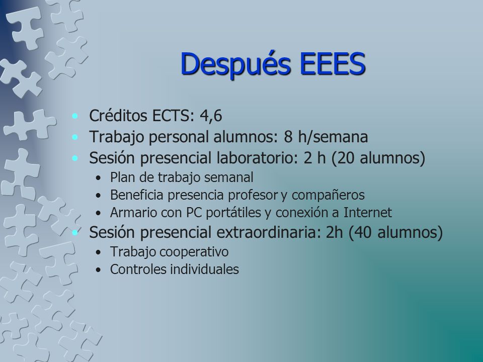 Después EEES Créditos ECTS: 4,6 Trabajo personal alumnos: 8 h/semana