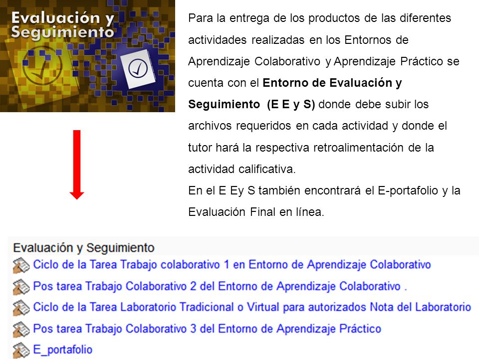 Para la entrega de los productos de las diferentes actividades realizadas en los Entornos de Aprendizaje Colaborativo y Aprendizaje Práctico se cuenta con el Entorno de Evaluación y Seguimiento (E E y S) donde debe subir los archivos requeridos en cada actividad y donde el tutor hará la respectiva retroalimentación de la actividad calificativa.