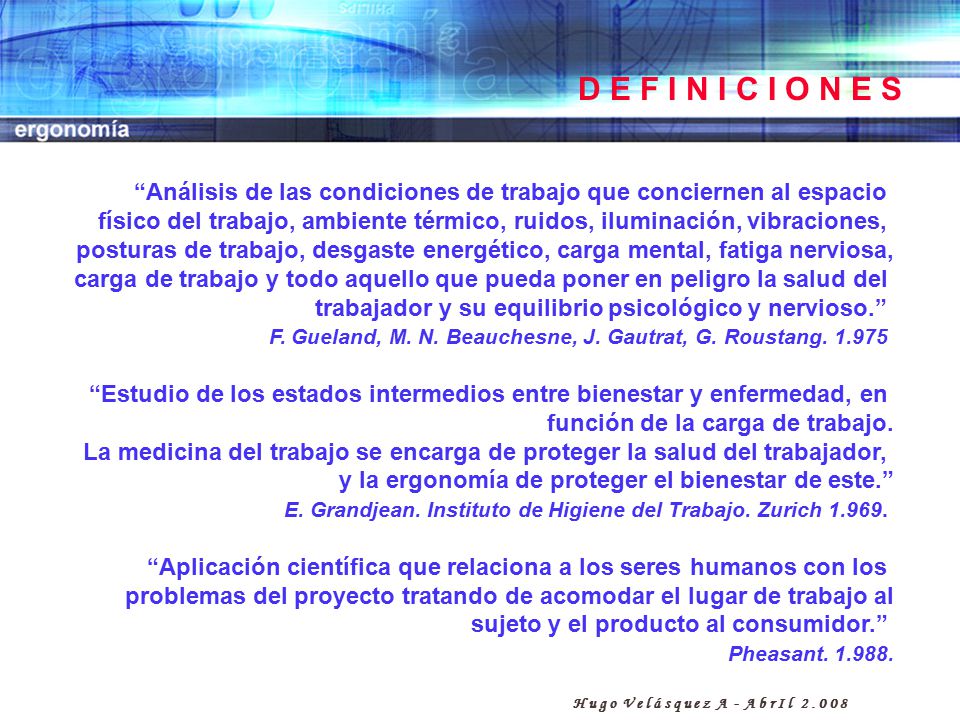 D E F I N I C I O N E S Análisis de las condiciones de trabajo que conciernen al espacio.
