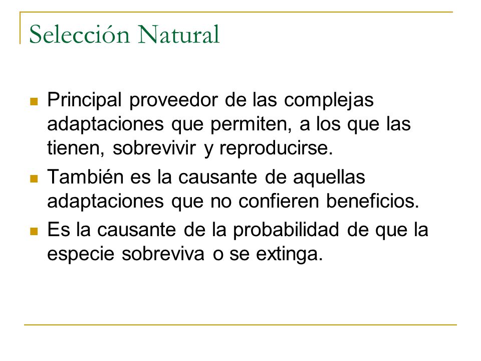Selección Natural Principal proveedor de las complejas adaptaciones que permiten, a los que las tienen, sobrevivir y reproducirse.